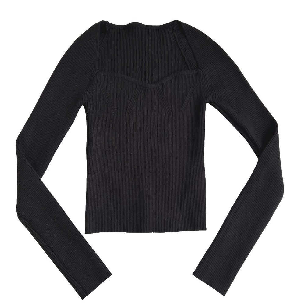 SHEIN Black Ribbed Knit Long Sleeve Top Size S EU36 US4 Corset Seam Detail